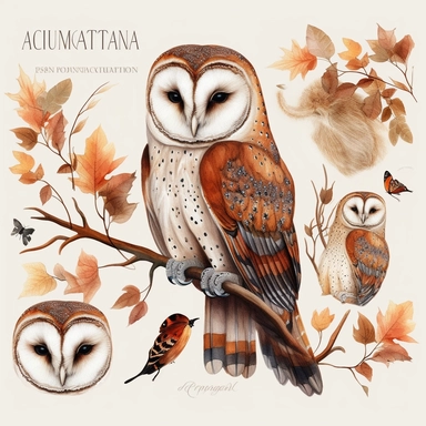 Create a captivating collection of ultra-detailed Autumn Barn Owl Clipart, capturing the charm and beauty of this majestic nocturnal creature. Paint each owl with delicate watercolors, showcasing its unique feathers and intricate patterns. Embrace the warmth and earthy tones of autumn, incorporating rich shades of orange, brown, and gold. Complement the owl clipart with elements inspired by woodland and forest environments, such as trees, leaves, and other forest animals. Ensure meticulous atten