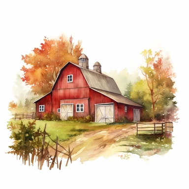 vector watercolor red barn in autumn clipart on white background, red barn in autumn colors, reds and greens, photorealistic, ultrarealistic,no background, on white