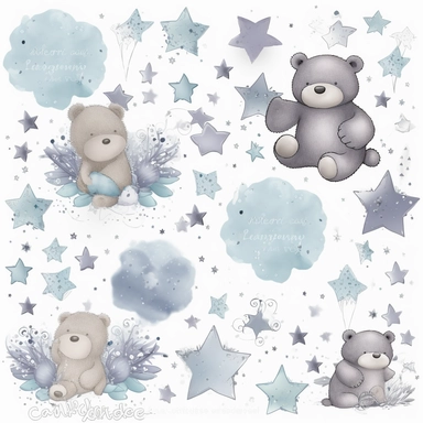 clipart collection on white background featuring clouds, stars, wreath made of stars and bears in blues and greys in this style and color
