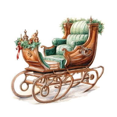 an elegant vintage christmas sleigh with vintage green seats on wooden runners, white background, clipart, watercolor style--q2--v5.1--s1000