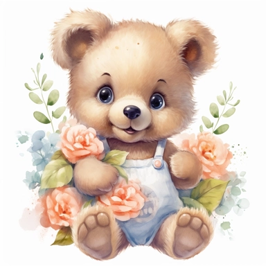cute kind baby girl bear plays, full figure, flowers , cartoon style, watercolor, bright shining eyes, kawaii, clipart, White Background, detailed 8K