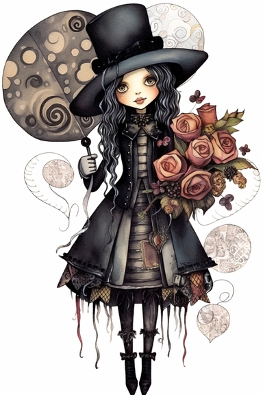 watercolor mixed media goth steampunk girl entire body in goth steampunk birthday bouquet illustration clipart by holly hobbie