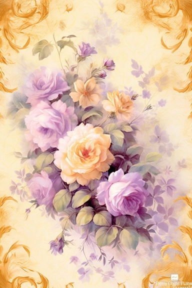 Vintage shabby golden damask pattern clipart vignette with delicate floral patterns along the sides and corners of the image, small cute bright oil painting vignette with beautiful roses and blooming lilacs, light pastel tones in the center of the image,