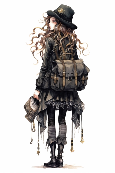 watercolor mixed media goth steampunk girl entire body with goth steampunk backpack school illustration clipart by holly hobbie