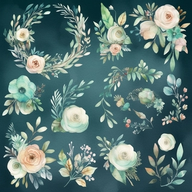 Design a set of watercolor-style digital cliparts specifically for wedding and event decorations. The cliparts should include elements such as flowers, garlands, wreaths, ribbons, and romantic symbols like hearts and doves. Consider various color palettes and styles to cater to both traditional and modern weddings and events. The cliparts should be versatile and suitable for use in invitations, save-the-date cards, menu cards, table cards, seating charts, and other decorative elements