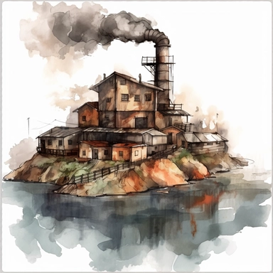 water color smoking factories, that simbolizes the destruction on earth, dark buildings, dirt, clipart, hd, no background