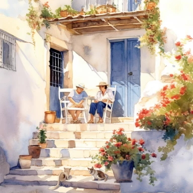 Greek Village Evening Scene: A warm and inviting watercolor-style image of an old Greek couple sitting on the porch of their traditional white and blue house, enjoying a quiet evening as the sun sets. The scene could include elements like a small table with a Greek coffee pot and cups, a cat resting nearby, and flower pots with vibrant bougainvillea or geraniums surrounding the porch.., watercolor clipart, transparent white background, soft cinematic lights, juicy, bright, high quality, ultra de