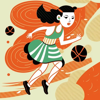 girl basketball player in action, basketball Clipart, vector graphics, children’s book illustration by charley harper
