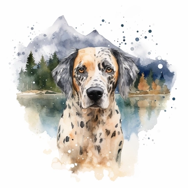 Painting and Illustration Watercolor Print Portrait of Dog Walking in Water with Mountain Behind Him Wall Art Clipart Printable Art Watercolor Painting Watercolor Appaloosa Mountain Dog Art Udal Art for Commercial Use