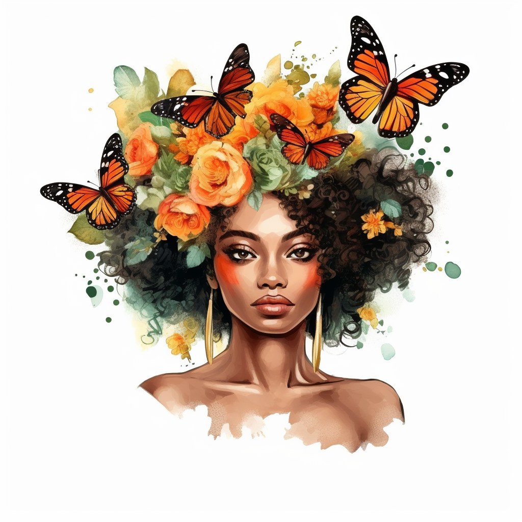 watercolor Afro Woman Juneteenth Day with butterfly half wreath drawing ...