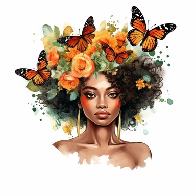 watercolor Afro Woman Juneteenth Day with butterfly half wreath drawing cliprart, illustration clipart, high detailed, white background, digital art