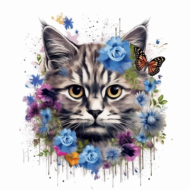 Floral cute Scottish cat, flowers on her head, with blue butterflies, cat face, clipart Scottish cat, on white background, hd