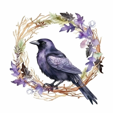 a cute fluffy fat raven on a branch, wreath, in a circle, clipart, white background, watercolor, Art Nouveau, highly detailed