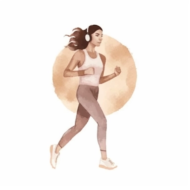 a watercolor sticker of a woman doing a power walk with earphones on and a fitness tracker on her wrist. Clipart. Neutral beige faded color palette. White background. Artistic illustration. Minimal. Hand-drawn.