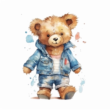 draw charming watercolor illustrations of a teddy bear wearing a shirt, the same character in different situations jumpingn watercolor, single object, watercolor illustration, cartoon clipart, white background for removing background