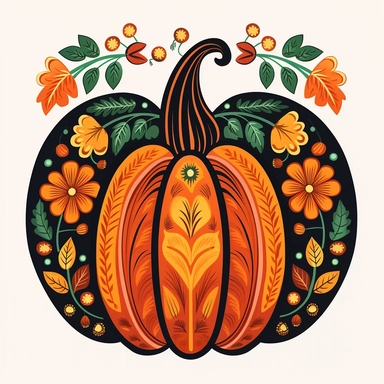Design a pumpkin clipart inspired by folk art and folklore, where each section depicts a different cultural pattern associated with the autumn season. Explore patterns like paisley, rosemaling, or geometric motifs that symbolize harvest traditions and folklore from different regions.