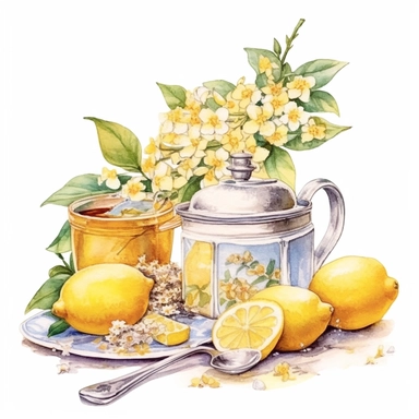 the clipart contains various items of lemon tea, in the style of ethereal watercolor washes, willem haenraets, birds & flowers, light gold and silver, elfriede lohse-wächtler, southern countryside, intricate, whimsical details Biological naturalist illust