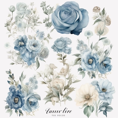 Create a captivating collection of ultra-detailed dusty blue floral clipart, showcasing the beauty of watercolor techniques and the elegance of roses. The clipart should capture the soft and muted tones of dusty blue, evoking a sense of tranquility and sophistication. Incorporate a variety of floral elements, with a focus on roses, as they symbolize love and beauty. Each flower should be meticulously painted, highlighting the delicate petals and realistic textures. Design the clipart with a wedd