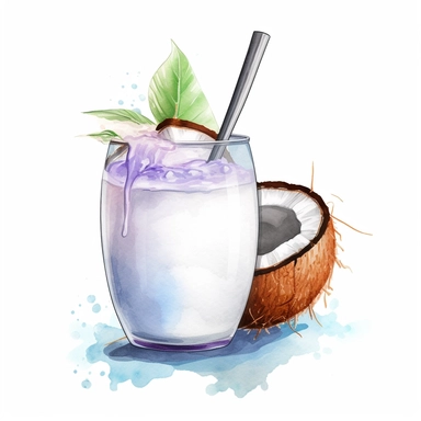 create a beautiful high quality high detail highly saturated watercolor clipart disney style illustration of a GLASS OF COCONUT MILK, NO TEXT, NO FONT, NO WATERMARKS, WHITE BACKGROUND