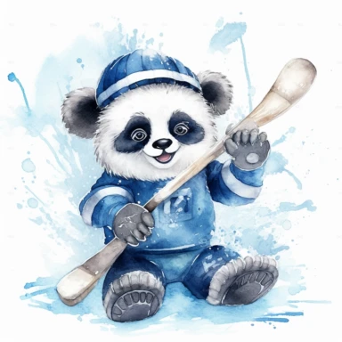 Create a watercolor illustration clipart of a playful cute Baby Panda Playing Ice Hockey, with its full body visible. Use soft, flowing brushstrokes and a warm, inviting color palette to create an image that is both charming and whimsical. Incorporate intricate details like the motion of Baby Panda Playing Ice Hockey to create a lifelike, realistic image. Can add other elements to the illustration like related item to play to create playful scene. Use white background to allow the watercolor tex