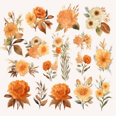 Terracotta Floral Watercolor Clipart Pack, an elaborate collection of meticulously detailed, autumn-inspired floral and foliage illustrations, rendered in a distinctive watercolor style for commercial use. This set brings forward a vibrant and detailed assortment of orange and brown neutral florals, complemented by an array of lush green leaves, echoing the warm and earthy tones of terracotta. These transparent PNGs are perfect for refined design projects, from wedding invitations to stationery 
