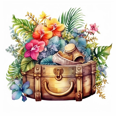 clipart, isolated on white background, Watercolor spring treasure chest with jewelry, detailed, beach, flowers and plants, ornated, vivid and vibrant and saturated colors