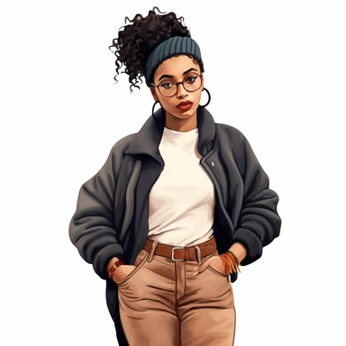 Black girl with old school fashion clothes, watercolor style, clipart solid white background