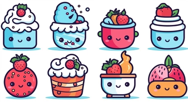 Clipart cartoon ( assorted desserts) outline ,, kawaii style ,on white background