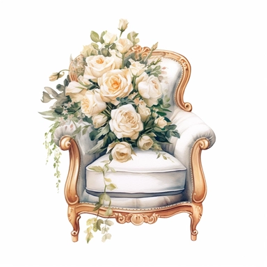 watercolor, white background, clipart, watercolor, white background, ultra-realistic and hyper-detailed clipart beautiful cozy armchair surrounded by white roses, white and rich gold hues