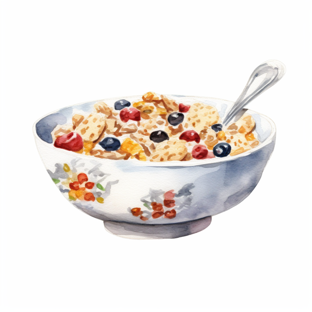 watercolor for a clipart with a white background of a bowl with cereal ...