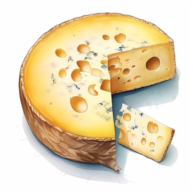 watercolor ultra realistic and hyper detailed illustration of a Cheese wheel with a slice missing, showing the interior, clipart, white background