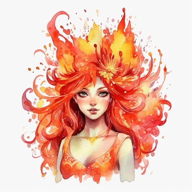watercolor fire Fairy Princes, flame around, detailed, hd, clipart