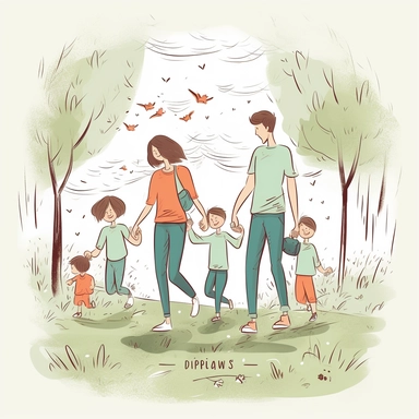 A hand-drawn clipart for Mother's Day on a white background, depicting a family on a leisurely walk in a picturesque park. The mother is at the center, with her children and partner by her side. The drawing style is engaging and warm, capturing the casual joy of the family outing. The trees and nature elements are bright and lively, adding a serene backdrop to this family moment, truly embodying the spirit of Mother's Day