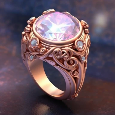 Craft an intriguing clipart of a mythical ring against a pristine white background. The ring should possess intricate designs and be encrusted with glistening gemstones. Let it emanate a soft, magical glow when worn, symbolizing the wearer's connection to mystical forces.