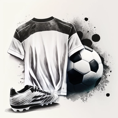 a watercolour drawing of the back of a white soccer shirt with black trimming, a black and white soccer shoes next to a black and white soccer ball lay in front, black and white, unbranded. painting, photorealistic brush strokes, geiger art, watercolor, ,