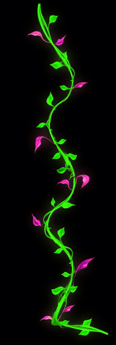 Generate a clipart-style digital image of a single neon vine strand against a transparent background. The vine should be rendered in a bright and vibrant neon color, such as electric green, hot pink, or electric blue, and should have a simple and stylized appearance, resembling a clipart image. The leaves and tendrils of the vine should be simplified and stylized, with clean lines and bold shapes, creating a distinct and recognizable vine silhouette. The neon color should be solid and flat, with