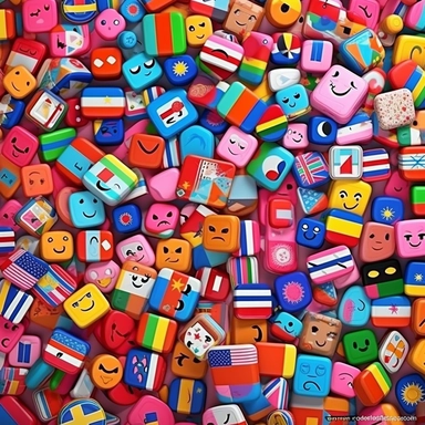 Quirky Whimsical l all countries’ flags in world Seamless Pattern Volumous Flowers mix with rectangle, triangle, circle, square Clipart Cartoon, 3D, hrd, 8K, high resolutions