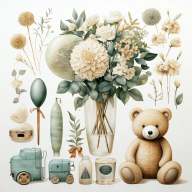watercolour, baby theme, clipart, soft and muted pastel nuances, white background