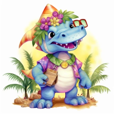 Summer, cute Dinosaur wearing a Hawaiian shirt, cute pose, watercolor illustration for kids and children, clipart, sublimation, white background, brightly colored style, realistic color schemes, luminescent color scheme