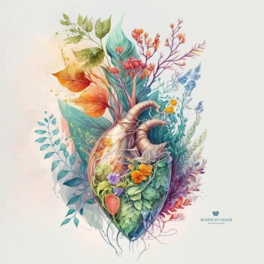 Generate a beautiful digital watercolor clipart illustrating flowers growing from a human heart, replacing the traditional vase. The art should evoke a sense of spring, with a variety of flowers in vibrant, spring-like colors. The heart from which the flowers grow should be detailed and realistic, adding a touch of whimsy and symbolism to the piece. The flowers should bloom from the realistic heart, they should bloom and be beautiful.
