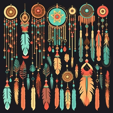 Bohemian Elements: Create clipart featuring key bohemian decorative elements like tassels, fringes, macrame, beads, and feathers. These elements can be used individually or combined to create unique compositions with with vibrant colors, organic shapes, and a sense of free-spiritedness