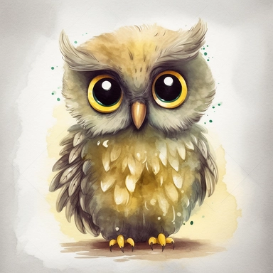 Cute owl in its natural state clipart ,happy expression, small black beak and sharp talons,fluffy and soft feathers,large and round yellow eyes, standing in dynamic pose,front view, in the style of watercolor cartoon clipart, kate greenaway style, high resolution, composition free space, pastel color scheme, soft and tender, watercolour clipart, watercolor illlustration for kids and children,isolated white background, clipart most popular on etsy, book illustration, featured on dribble,print on 