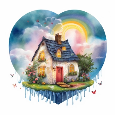 painting of a heart with rain clouds and a rainbow and a cottage inside of it, in the style of enchanting realms, nature-inspired installations, bloomcore, mesmerizing colorscapes, skillful, fluid and organic, cottagecore, clipart, blank white background