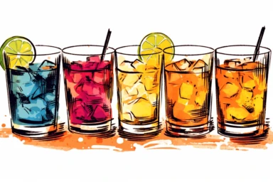 ink drawing six cocktails clipart, ink style, ink drawing, free-hand light color strokes under ink lines, vector style, prominent ink strokes, flat style, prominent line style, white background, spaced out, do not intersect images, spacing between elements, single thickness lines, no shadows, few details, only lines, only black lines, no volume, hand drawn ink drawing, elegant shapes