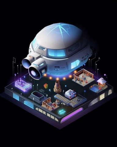 isometric perspective, game sprite, futuristic small spaceship hanger concept, gaming asset, sci-fi, fun, creative, cartoon, clipart, hyper-detailed, black background,