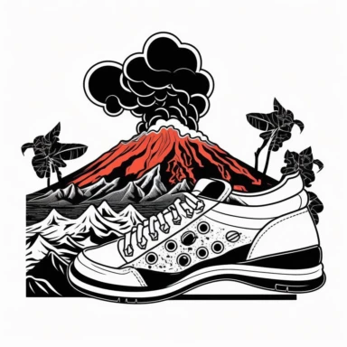 Coloring Page of Sneaker Volcano Expedition: Depict sneakers exploring a volcanic landscape, with lava flows and steam rising from fiery mountains, Doodle Art, LSD, Simple Design, Clipart black and white, Flat Vector