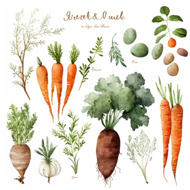 carrot, rustic garden watercolor clipart on white background, brown green terracotta orange wood white grey
