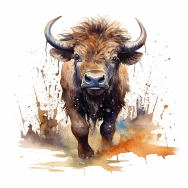 Buffalo, baby, frolicking in the mud, vibrant colors, clipart, on a white background.