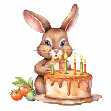 adorable bunny bringing a chocolate birthday cake, handpaint watercolor, high resolution, cartoon style, watercolor clipart,