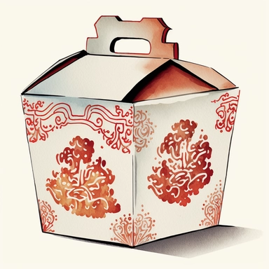 chinese takeout box which is white in colour with red traditional patterns on it. There is food inside the chinese takeout box, It is painted using watercolour and it is a clipart image